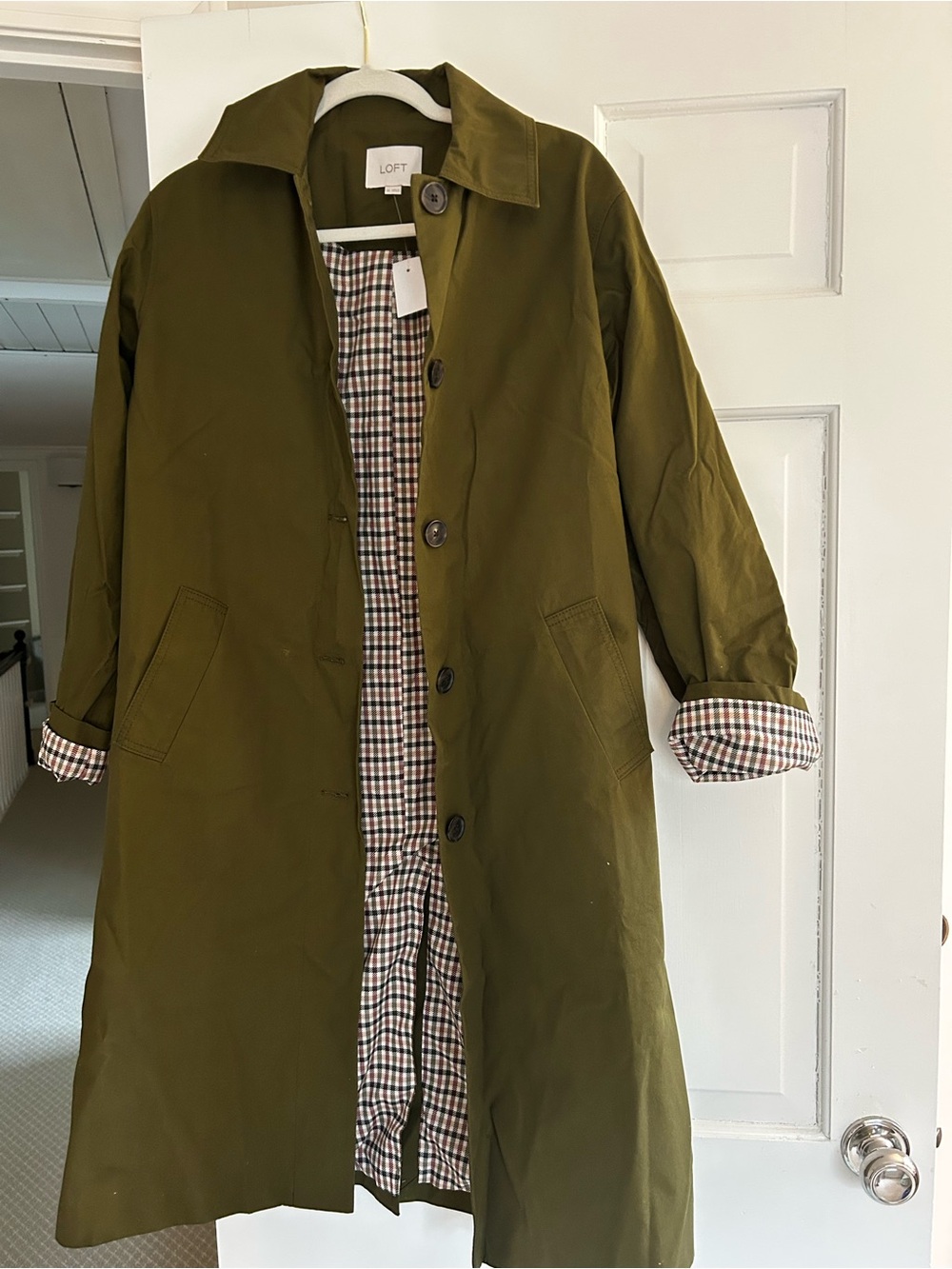LOFT Olive Green Trench Coat with Plaid Lining